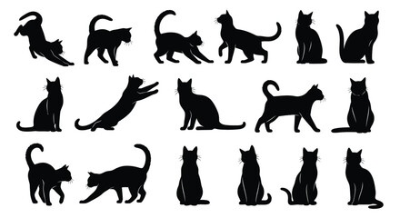 Collection of black cat silhouettes in various poses, including sitting, stretching, jumping, and walking, isolated on a