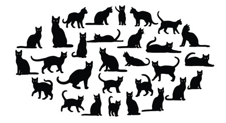 Diverse array of black cat silhouettes arranged in an oval shape, showcasing different postures and actions, isolated on a