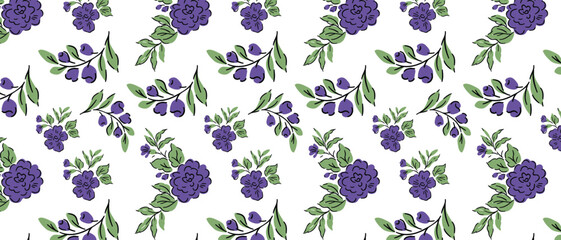Vector art of elegant seamless pattern featuring purple watercolor flowers and green leaves on a