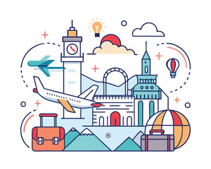 Fototapeta premium Retro travel poster with airplane and suitcase illustration