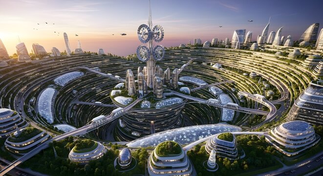 Futuristic Spiral Solar City with Green Terraces and Eco Design
