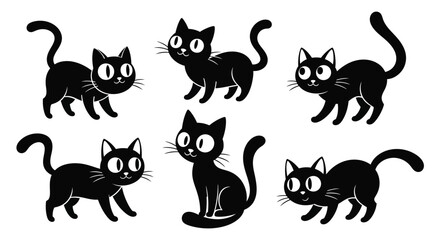 A collection of six cute and playful black cartoon cats with big eyes, in various poses, isolated on a, perfect for childrens themes and fun designs