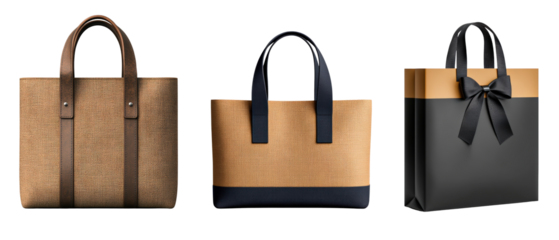 Elegant tote bags and a chic gift bag with a bow displayed isolated on transparency PNG background, ideal for retail, fashion marketing, or eco-friendly shopping promotions,
