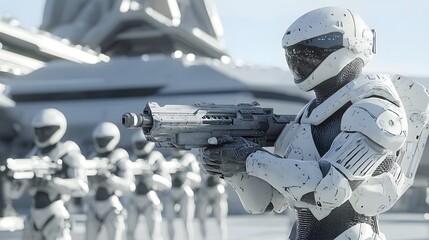 Futuristic soldiers in white armor holding advanced weapons stand ready for action on a bright, modern military outpost