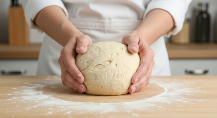 Close-up of hands kneading dough on floured surface in kitchen setting