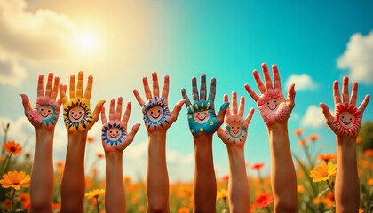 Colorful children's hands raised up, each painted with bright colors.