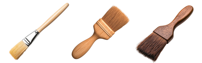 Three wood-handled paintbrushes showcasing different bristle textures and sizes isolated on transparency PNG background, ideal for DIY projects, art classes, or painting tutorials