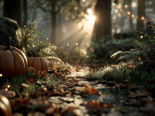 Obraz premium Magiczna leśna ścieżka z dekoracjami z dyń i lampionów. Słońce przebija się przez drzewa, oświetlając jesienne liście na ziemi, tworząc bajkową i mistyczną scenerię.