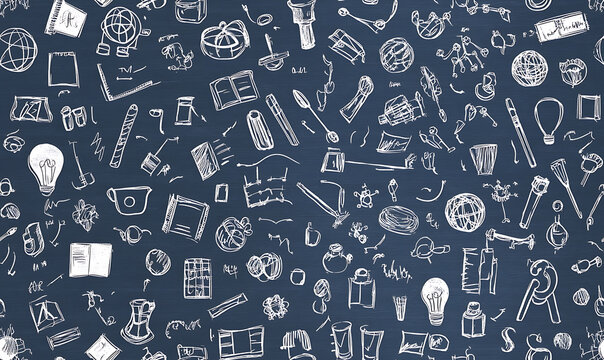 A school-themed background with doodle icons, chalk texture, a white and blue color palette, Back-to-school doodle background with white icons on blue chalkboard paper, Vector illustration, high resol