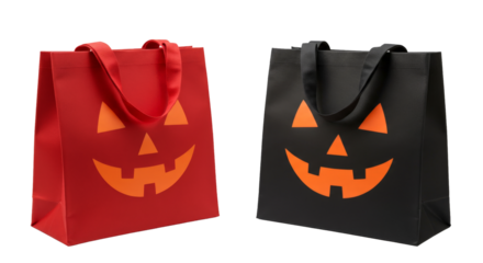 Red and black Halloween tote bags with pumpkin face, halloween sale, png isolated 