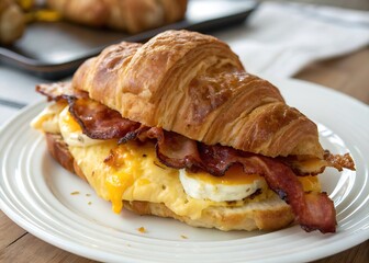 Buttery Croissant Sandwich with Crispy Bacon, Egg, and Melted Cheese on White Plate