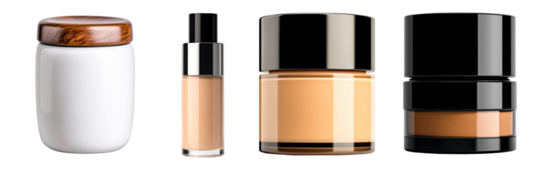 Cosmetic containers in varying shapes and colors are shown isolated on transparency PNG background, perfect for representing beauty products in promotional materials, websites