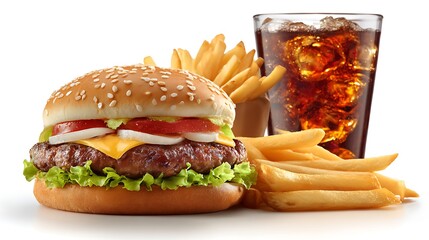 A classic cheeseburger with fresh toppings, crispy french fries, and a refreshing cola, isolated on white background a perfect fast food combo