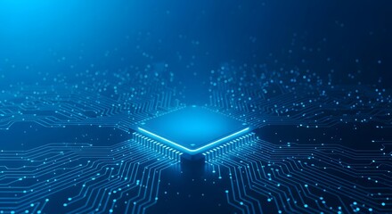 Glowing blue microchip on a circuit board with digital data flow