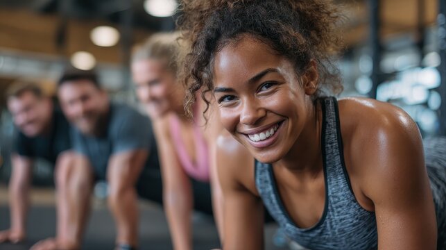 smiling young african american woman in sportswear doing pushups during an exercise class with a group of friends at the gym no logos no brands ar 169