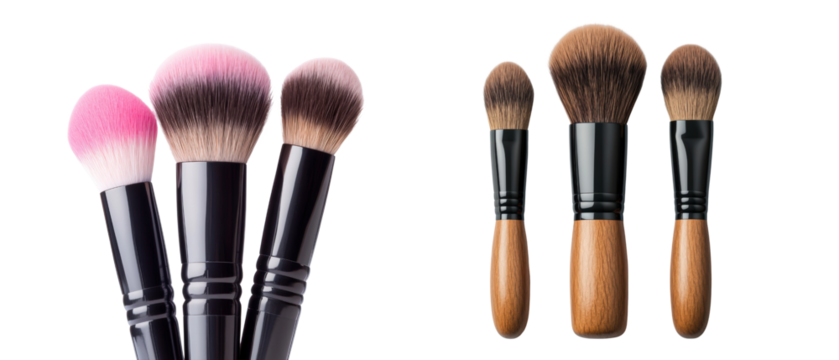 A collection of five makeup brushes with soft bristles and black handles  isolated on transparency PNG background, ideal for beauty blogs, cosmetics advertisements, or tutorials