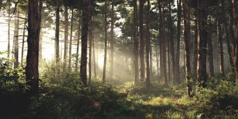 Obraz premium Serene Sunlight Filtering Through Tall Trees in Tranquil Forest Setting with Mist and Soft Shadows on Ground
