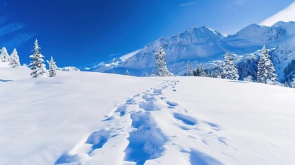 Winter&rsquo;s Trail: Serene Footprints in Snowy Field Landscape &ndash; A Winding Path of Boot Prints Stretching Across Untouched White Snow, Flanked by Frost-Kissed Grass Blades and Bare Tree Branches