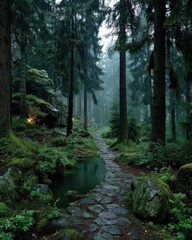 Mysterious and enchanting dark forest path with a small stream and mossy rocks, deep woods with fog and tall trees