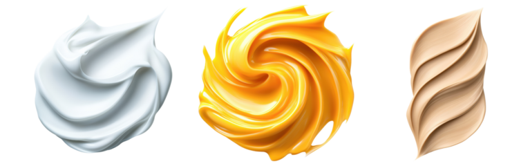 Smooth isolated on transparency PNG background, creamy textures in white, yellow, and beige represent different skincare or cosmetic products, Ideal for beauty, skincare