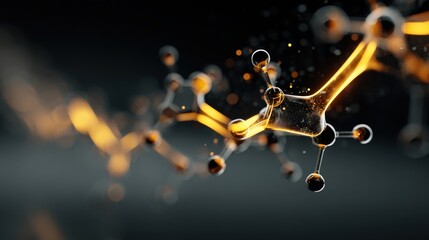 Abstract molecular structure with glowing golden bonds and dark background, representing science and innovation