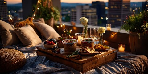 Cozy rooftop picnic setup with fruit bowls, candles, and blanket at twilight, perfect for lifestyle blog, seasonal dinner promo