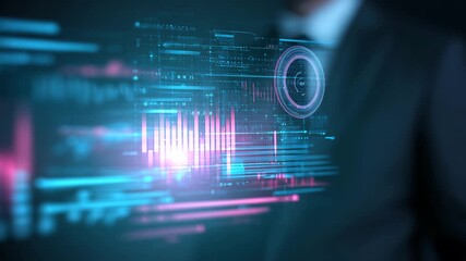 Businessman touching digital holographic interface with futuristic data - Powered by Adobe