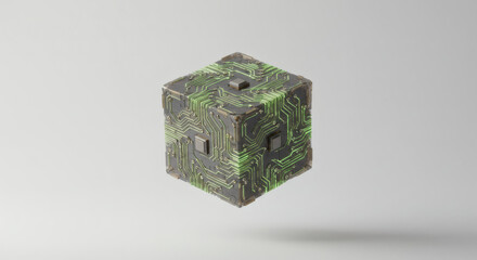 Abstract futuristic cube with glowing green circuit patterns, symbolizing advanced technology and digital innovation in a minimalist setting
