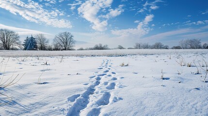 Obraz premium Winter’s Trail: Serene Footprints in Snowy Field Landscape – A Winding Path of Boot Prints Stretching Across Untouched White Snow, Flanked by Frost-Kissed Grass Blades and Bare Tree Branches