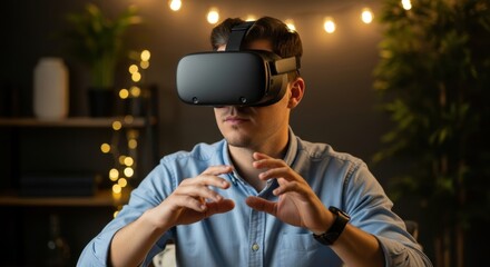 Young caucasian male engaging with virtual reality headset in cozy ambient setting