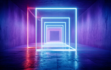 Fototapeta premium Neon light square shapes forming a tunnel in a dark room