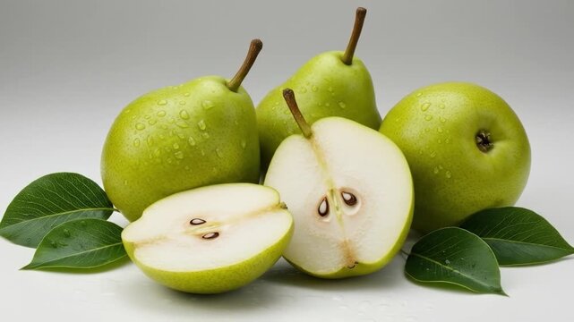 Fresh pear still life green fruit cut segments and leaf arrangement
