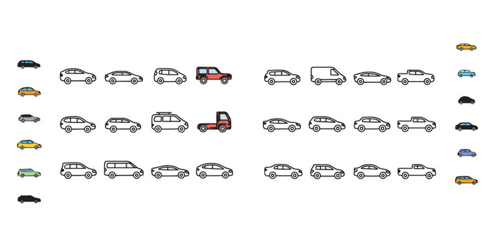 Editable Vehicle Icon Set &ndash; Sedans, SUVs, Vans, and Trucks in Colored and Line Styles for Transport UI, Automotive Apps, Navigation Systems, and Urban Design Projects