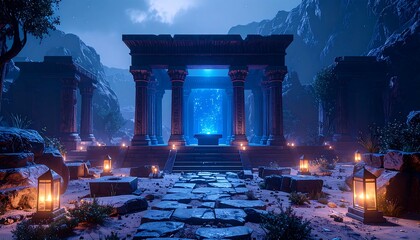 Fototapeta premium Ancient Stone Ruins and Glowing Portal with Lanterns at Night