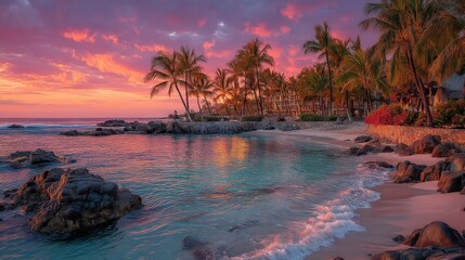 Vibrant sunset over a tropical beach with colorful clouds reflecting on the ocean waves and rocky shoreline