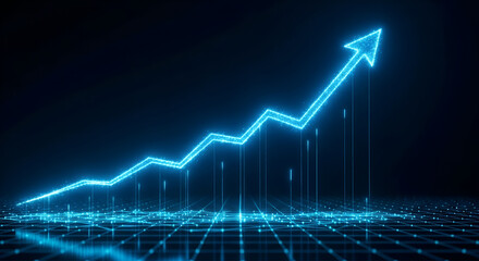 Glowing blue arrow pointing upwards on a grid representing growth success and positive trends in business and finance