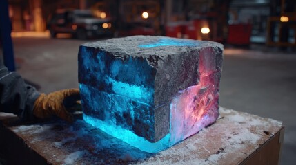 A rough stone cube illuminated with vibrant blue and red light, suggesting a magical or scientific experiment
