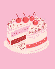 Minimalist Pop Art Illustration of Layered Cake with Cherries in Pink and Red Vector Style