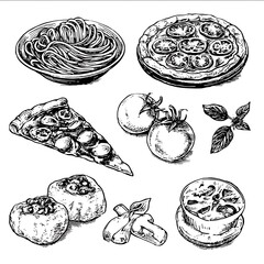 vector image on white background with black vector only outline images of Pasta Pizza Focaccia tomatoes and basil