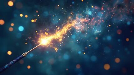 A dazzling, magical moment unfolds as a wand casts a spell, showering the scene with sparkling light and enchanting bokeh effects, inviting viewers into a world of fantasy and imagination.