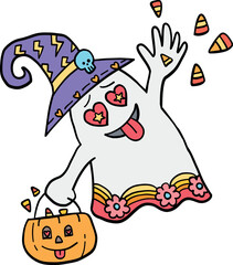 halloween illustration. Cute ghost wearing a witch hat holding a pumpkin bucket with candy corn. retro trendy halloween in doodle pastel color style