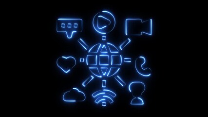 Global network connection communication icons glowing blue neon lines on black background digital technology concept - Powered by Adobe