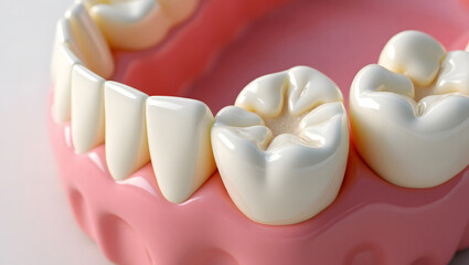 A Detailed Anatomical Close-up of the Upper Teeth and Gums, High-Resolution Dental Illustration of Molars and Incisors, Perfect Oral Health A 3D Render of a Flawless Dental Arch, Medical Education