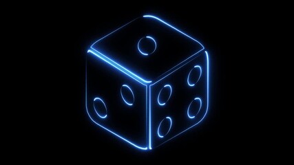 Glowing blue neon outline of a six sided dice rotating slowly against a black background representing chance luck - Powered by Adobe