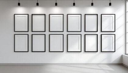 3D render of a white wall with ten empty black picture frames arranged in two rows on the wall The room is welllit and has a minimalist design with soft light