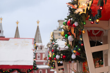 Christmas fair, outdoor lights and festive magic, tourism in a European square.