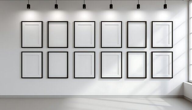 3D render of a white wall with ten empty black picture frames arranged in two rows on the wall The room is welllit and has a minimalist design with soft light