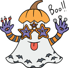 halloween cute cartoon. Cartoon ghost with pumpkin hat, star sunglasses, and purple hands saying 