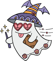 halloween cute cartoon. Cute ghost in a witch hat with heart-shaped glasses and magic wand. retro trendy halloween in doodle pastel color style