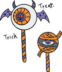 halloween cute cartoon. Two Halloween-themed lollipops with eyes, hearts, and wings illustration. retro trendy halloween in doodle pastel color style